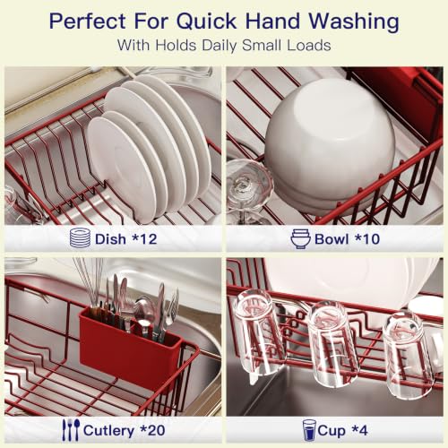 Red Expandable Dish Drying Rack Over Sink with Extra Drainboard