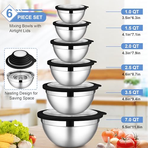 Stainless Steel Mixing Bowls with Transparent Airtight Lids Set of 6 (12 Count)