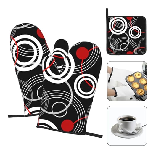 Modern Black Red Retro Oven Mitts and Pot Holders Sets of 3 (3 Count)