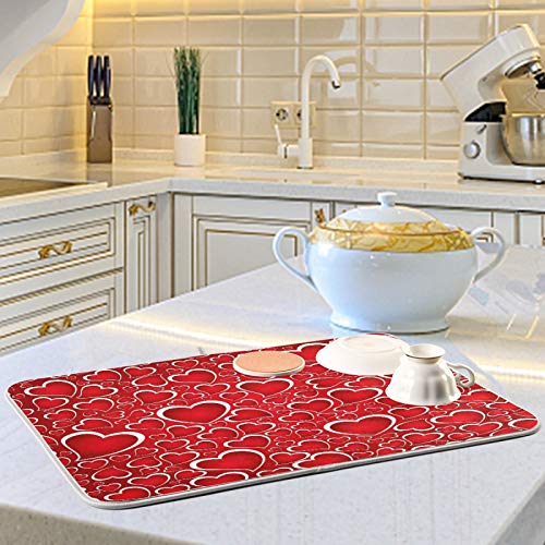 Valentines Day Red Hearts Dish Drying Mat for Kitchen Counter Absorbent Microfiber Large Drying Pad Dish mats for Kitchen Countertops 18 x 24 Inch
