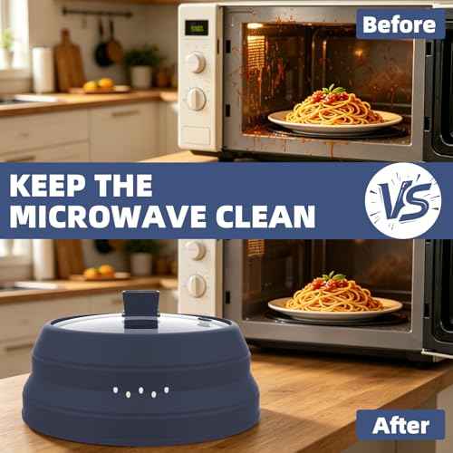 Tall Microwave Splatter Cover Glass Cover Guard Lid 6 inch Height with Collapsible Silicone for Food Pot Plate 12.5 inch Dark Blue