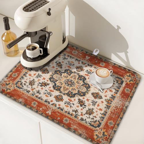 Ethnic Boho Dish Drying Mat Rust Coral Floral Decorative Dishes Pad 18x24 Inch Absorbent Fast Dry Drainer Rack Mats for Kitchen Countertop
