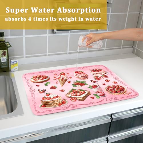 Strawberry Dish Drying Rack Mat Pink Absorbent Microfiber Dish Drying Mat for Kitchen Counter 18x24 In