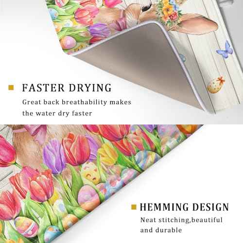Easter Bunny Dish Drying Mat 18x24 inch Eggs Floral Fast Drying Pad Washable Reversible Microfiber Dish Drainer Mats for Kitchen Counter