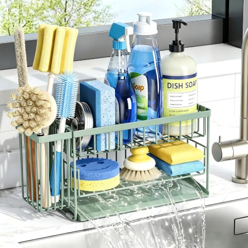 Sage Green 2 Tier Kitchen Sink Caddy Organzier Rack with Flexible Dish Brush Holder