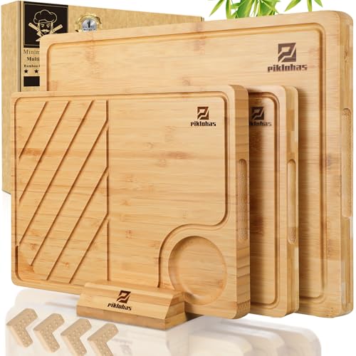 Bamboo Cutting Boards Set of 4 for Kitchen with Wood Storage Stand (3 Count)