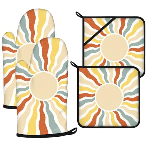 Mingnei Boho Sun Oven Mitts and Pot Holders Sets 4Pcs