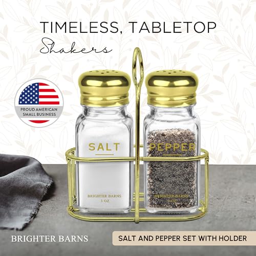 Gold Salt and Pepper Shakers Set with Holder by Brighter Barns