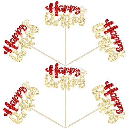 24Pcs Happy Birthday Cupcake Toppers Double Layer Glitter Happy Birthday Cake Decorations for Christmas Theme Baby Shower Anniversary Party Decorations Supplies Red Gold (24 Count)