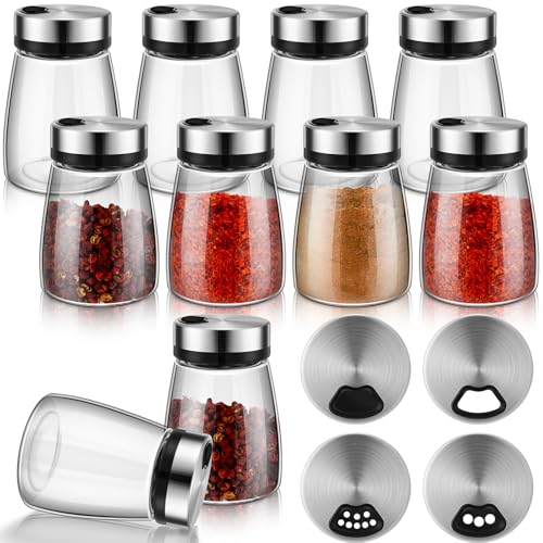10 Pcs Salt Pepper Shakers Set with Adjustable Pour Holes Stainless Steel Spice Dispenser 6oz Clear Glass Seasoning Containers for Kitchen Restaurant Home BBQ Camping Farmhouse Accessories (10 Count)