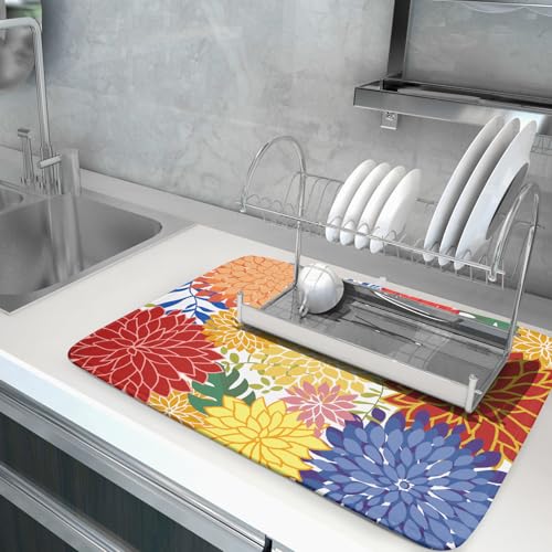 Modern Floral Dish Drying Mat Large Multicolored Tropical Drying Pad for Kitchen Counter