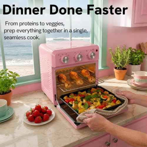 6-in-1 Retro Air Fryer Toaster Oven Combo, Compact 12.7 QT Small Countertop Convection Oven, Fits 9" Pizza & 4 Toast, Hexagon Hybrid Heating, Enamel Baking Pan Included, Pink Color