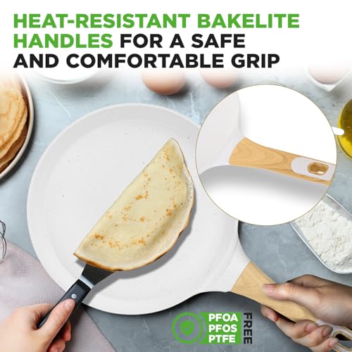 2-Pack Non-Stick Crepe Pan Set, 9.4" Marble Coated Dosa Pans with Wooden Spreaders, Bakelite and Wood Handles, Induction-Compatible, Dishwasher Safe, Even Heat Distribution, White Cream (2 Count)