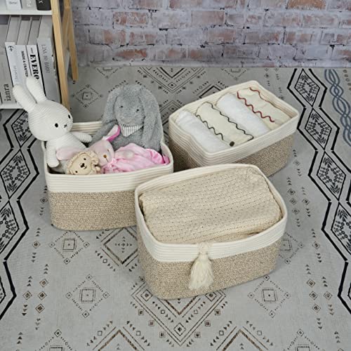 Woven Cotton Rope Storage Baskets 15x10x9.3" 3 Pack White and Brown