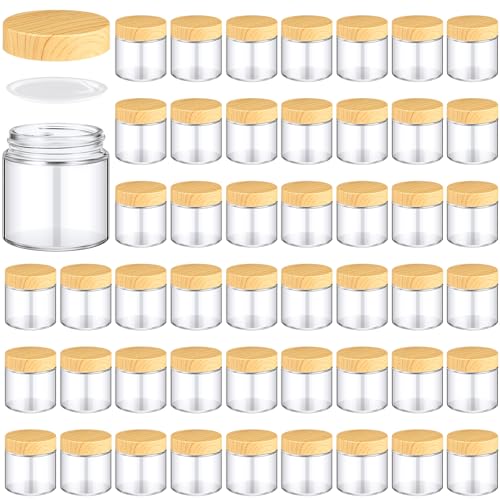 48 Pcs 4 oz Glass Jars with Lids Empty Small Glass Containers and Inner Liners Reusable Cosmetic Jars Round Airtight Bottles with Plastic Woodgrain Lids for Travel