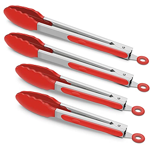 4 Pack Red Silicone Kitchen Tongs Set