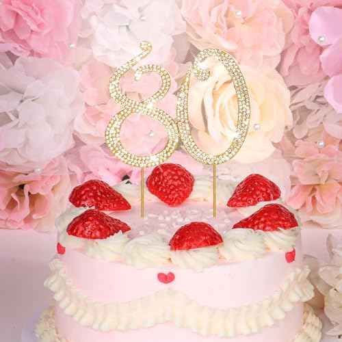 Gold 80th Birthday Cake Topper Rhinestones Cake Decorations for 80th Birthday Party