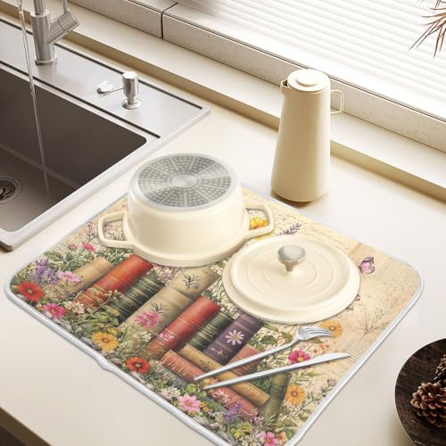 Vintage Books Shelf Dish Drying Mat for Kitchen Counter Absorbent Microfiber Small Drying Pad Dish mats for Kitchen Countertops 16 x 18 Inch