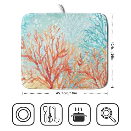 Coastal Coral Dish Drying Mat Beach Ocean Drainer Rack Mat 16x18 Inch Microfiber Absorbent Reversible Dish Dry Pad for Kitchen Counter Sink