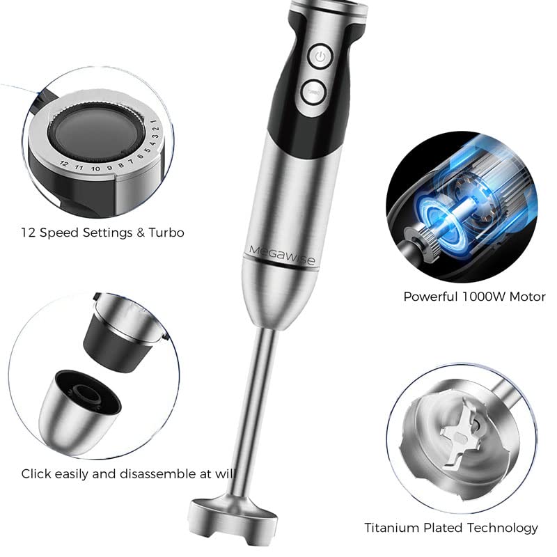 3-in-1 Immersion Hand Blender, 12 Speeds, Titanium Blades, Black