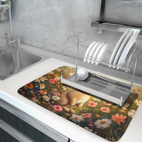 Easter Bunny Dish Drying Mat Flower Butterfly Kitchen Drainer Mat 18x24 inch Absorbent Reversible Dish Rack Pad for Counter Tabletop Decor