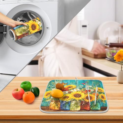 Spring Summer Floral Jar Dish Drying Mat for Kitchen Counter Absorbent Microfiber Small Drying Pad Dish mats for Kitchen Countertops 16 x 18 Inch