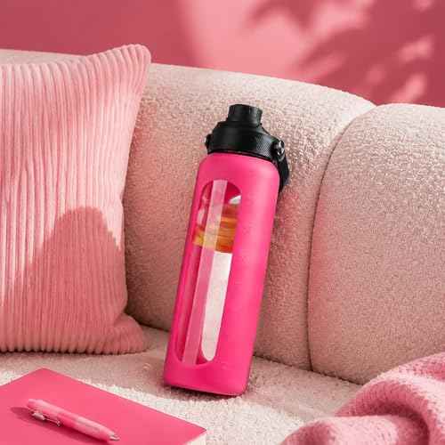 32 oz Glass Water Bottle with Straw and 2 Lids