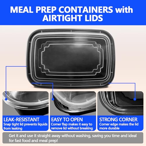 50 Pack (100-Piece) - 38oz Meal Prep Containers Salad & Snack Storage for Lunch | BPA Free & Leakproof Food Containers | To Go Take Out Plastic Bento Box | Microwave, Freezer, Dishwasher Safe (50 Count)