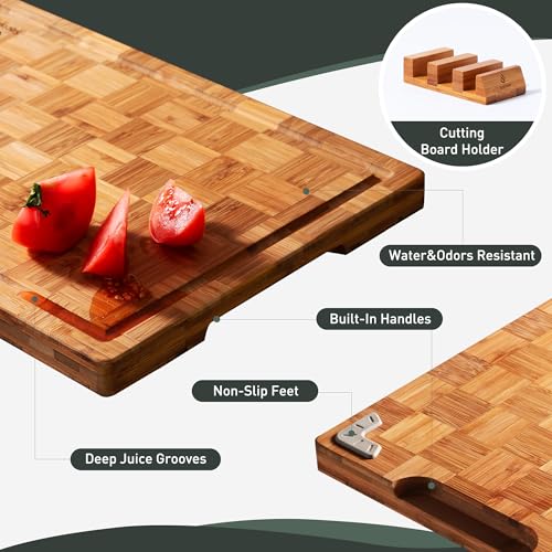 3 Pack Heavy Duty Bamboo Cutting Board Set Non Toxic Wooden Cutting Board for Kitchen Non Slip Solid End Grain Thick Wood Juice Groove Chopping Board Extra Large Butcher Block Best House Warming Gift (3 Count)