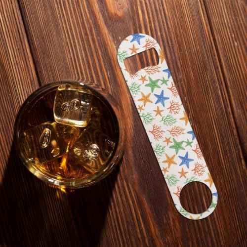 Watercolor Starfish Stainless Steel Bottle Opener Marine Coral Algae Aquatic Plant Abstract Tropical Orange Blue Flat Beer Bottle Opener Keychain for Home Kitchen Bar Restaurant Party Gift
