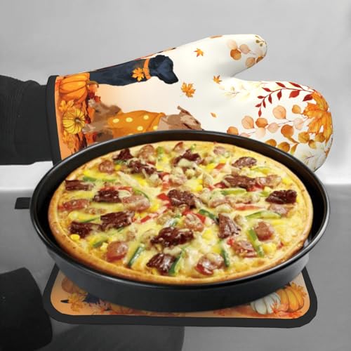 Fall Dogs Oven Mitt Potholders Sets Autumn Leaves Heat Resistant Oven Glove Set of 2 Holiday Kitchen Hot Pads for Cooking Baking Grilling
