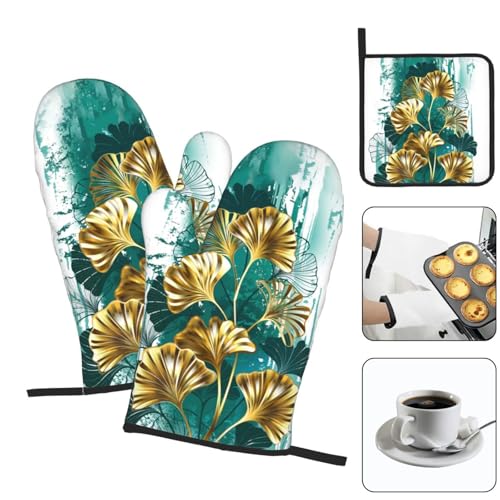 Teal Gold Green Leaves Oven Mitts and Pot Holders Set of 3 (3 Count)