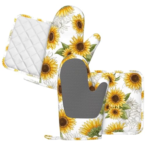Yellow Sunflower Oven Mitts Pot Holders Set Silicone Heat Resistant Sunflowers Oven Mitts and Hot Pads Yellow Flowers Potholders Non