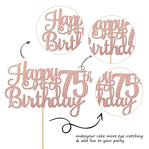 1 PCS Happy 75th Birthday Cake Topper Glitter Cheers to 75 Years Birthday Cake Pick 75 Fabulous Cake Decoration for Happy 75th Birthday Theme Party Decorations Supplies Rose Gold