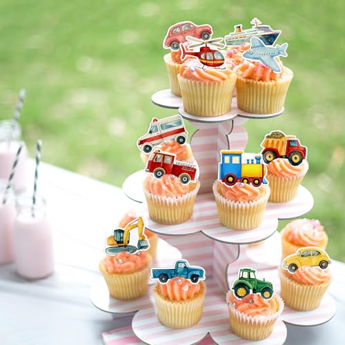 48Pcs Edible Transportation Cupcake Toppers Edible Cute Airplane Train Vehicle Boat Tractor Cupcake Picks for Transportation Theme Baby Shower Kids Birthday Party Decorations (48 Count)
