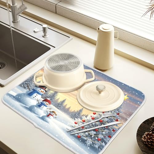 Christmas Tree and Snowman Dish Drying Mat for Kitchen Counter Absorbent Microfiber Small Winter Snowflakes Drying Pad Dish Mats for Kitchen Countertops 16 x 18 Inch