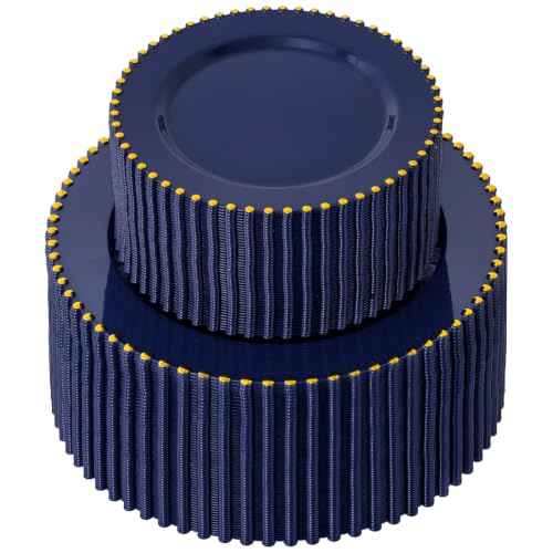 100PCS Navy Blue Plastic Plates with Gold Trim for Party Banquets (100 Count)