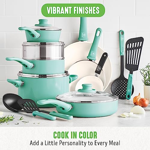 Soft Grip Healthy Ceramic Nonstick 18 Piece Kitchen Cookware Pots and Frying Sauce Saute Pans Set