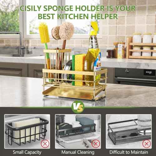 Gold Sink Caddy Sponge Holder for Kitchen with Brush Holder and Stainless Steel Self Drain Tray