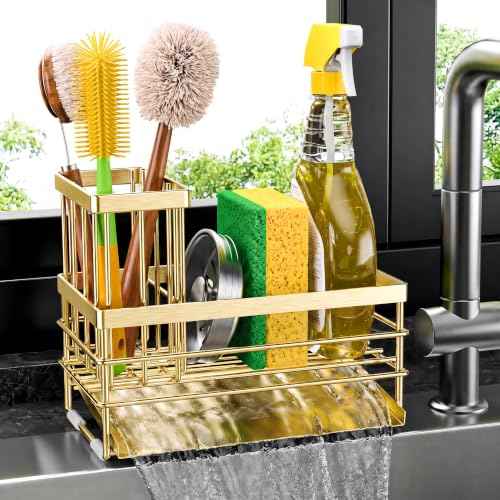 Gold Sink Caddy Sponge Holder for Kitchen with Brush Holder and Stainless Steel Self Drain Tray