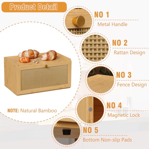 Rattan Bamboo Bread Box for Kitchen Counter Large Capacity Bread Storage Bin Farmhouse Bread Storage Container Rustic Bread Holder