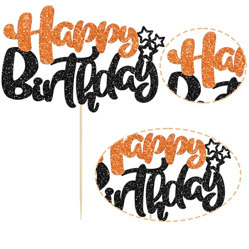 1Pcs Happy Birthday Cake Topper Glitter Happy Birthday Cake Pick for Halloween Baby Shower Theme Anniversary Party Cake Decorations Supplies Black Orange