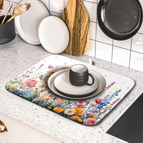 Colorful Flower Dish Drying Mat 16x18 Inch Botanical Floral Drainer Rack Mats Washable Absorbent Dish Dry Pad for Kitchen Counter Sink