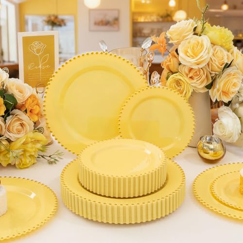 100pcs Elegant Yellow Plastic Plates with Gold Beaded for Wedding (100 Count)