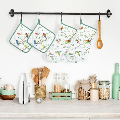 Bird Branch Oven Mitts and Pot Holders Sets 4Pcs (2 Count)