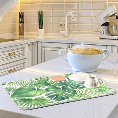 Green Monstera Palm Leaves Dish Drying Mat for Kitchen Counter Absorbent Microfiber Drying Pad