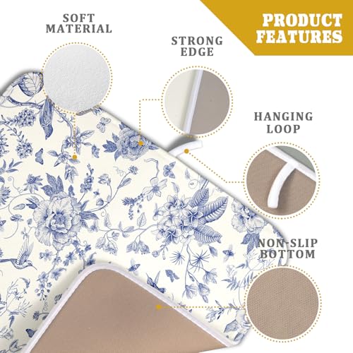 Chinoiserie Flower Dish Drying Mat Blue Leaves Dishes Drying Pad Reusable Washable Kitchen Countertop Protector Dish Drainer Mat 16x18 Inch