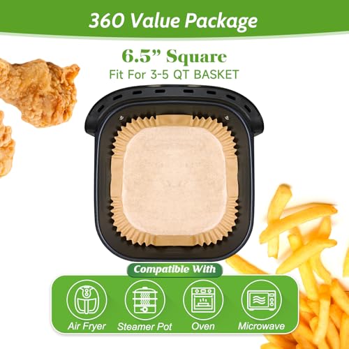 360 Pcs 6.5” Square Air Fryer Paper Liners Disposable Unbleached Heavy Duty (360 Count)