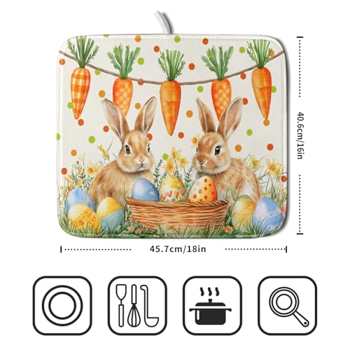 Easter Bunny Dish Drying Mat Eggs Carrot Dishes Drainer Pad Absorbent Reversible Dish Rack Mat Protector for Kitchen Countertop 16x18 Inch