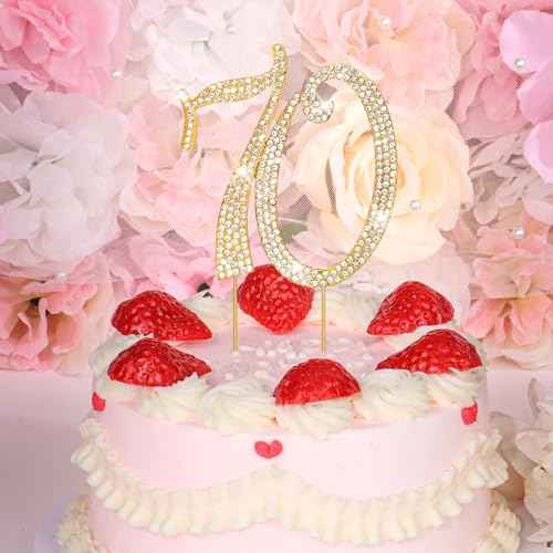 Gold 70th Birthday Cake Topper Rhinestones Cake Decorations for 70th Birthday Party